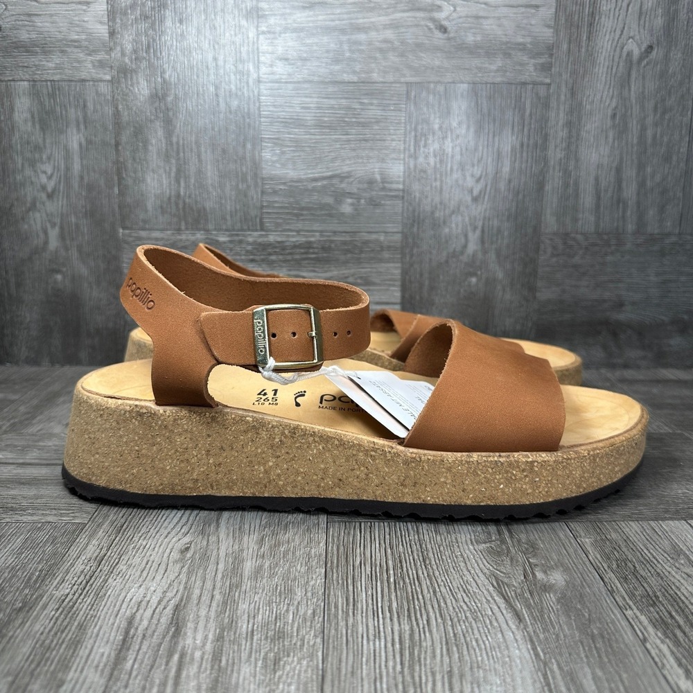 Papillio Sandals Womens 8 Cognac Brown Leather Platform Chunky Ankle Strap NEW